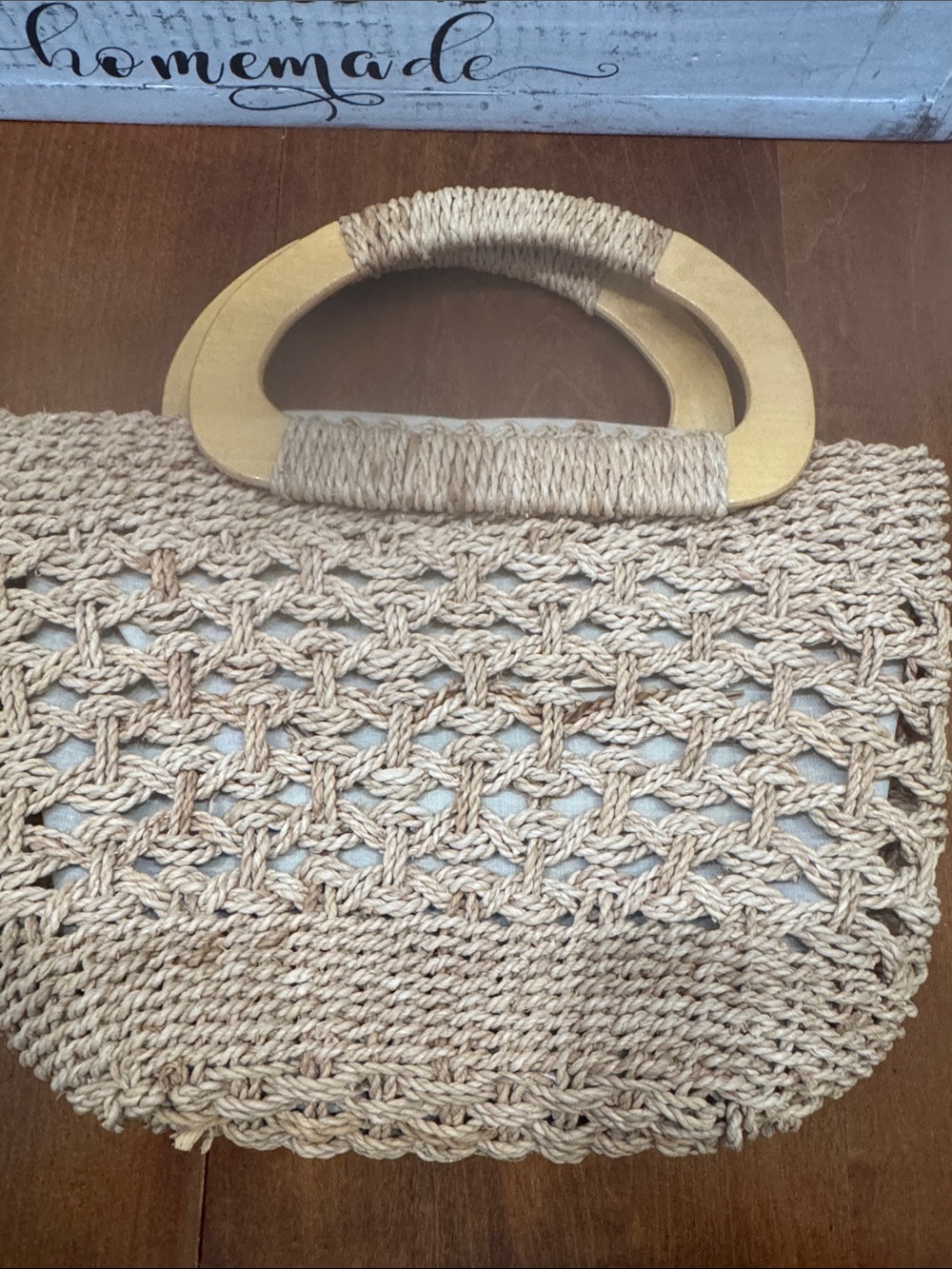 Handwoven Straw Tote Bag with Wooden Handles - Natural